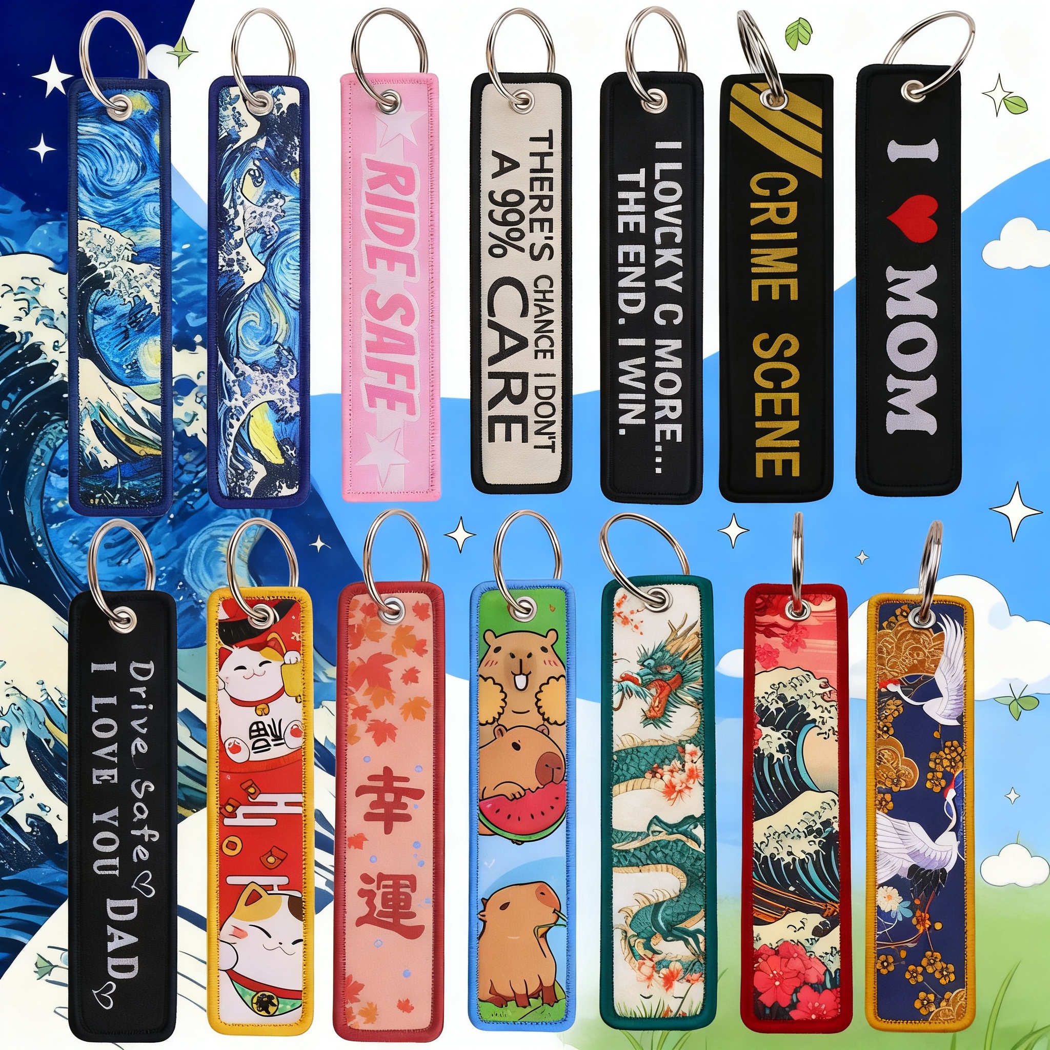 Motorcycle Gear Backpack - Van Gogh Embroidery Key Fobs Koi